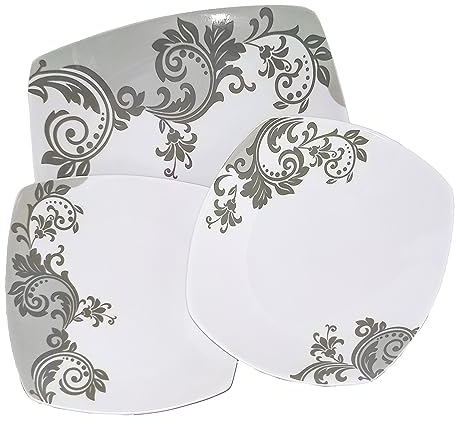 Servizio Di Piatti Arabely Grey 20 Pezzi Per 6 Persone Con Insalatiera e Piatto Portata Grande Decoro Tortora