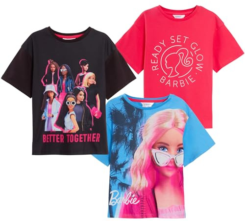 Barbie Lot de 3 t-Shirts pour Filles T-Shirts en Coton pour Enfants T-Shirt Officiel de poupée avec Manches Tombantes