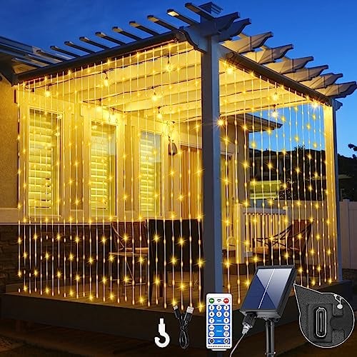 GCMacau Solar Lichterkette Außen, 6x3M 600LED Vorhang Lichter, Wetterfest Outdoor Solarlichterkette Aussen,8 Modi Aufgerüstetes Solarpanel mit USB-Stromversorgung Solar für Gärten Weihnachten