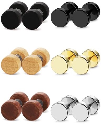 JeryWe 6Paires Boucles d'oreilles Hommes Barbell Clou d’Oreilles en Acier Inoxydable/Bois Visser Ronde Oreille Piercing Tunnel Faux Ecarteur Faux Cheater Fake Gauges Plugs 18G 6MM