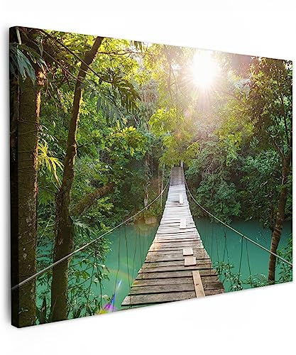 MuchoWow© Bilder 80x60 cm Wohnzimmer Deko Modern Wandbild Foto auf Leinwand Bild Schlafzimmer Room Decor Geschenke Dschungel - Wasser - Brücke - Natur - Grün - Pflanzen