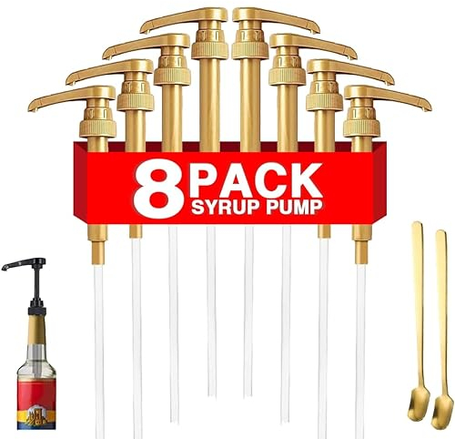 8 Pcs Gold Coffee Syrup Pump Dispenser, Compatible with 25.4 Oz/750ml Bottles, Great for Home & Coffee Bar Drinking Mixes, Tea, Beverage, Cocktails, Plus Spoons
