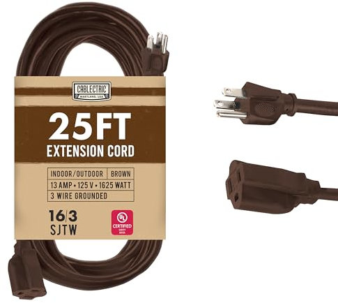 Cablectric - 25ft outdoor brown extension cord, 16/3 heavy duty cord with 3-prong plug, 13 amp for garden, lawn, landscaping, tools and appliances, cord