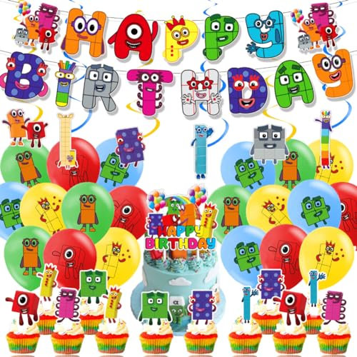 Blocks 40pcs Number Balloons & Decorations - Birthday Banner, Cupcake Toppers - Game Theme Party Pack
