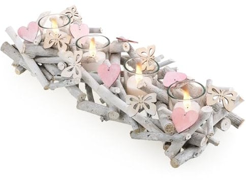 COM-FOUR® Portavelas de Madera - Portavelas con Mariposas y Corazones - Cuenco de luz de Madera - Plato para Velas Moderno como decoración de Mesa - Linterna Decorativa (Portavelas-Blanco)