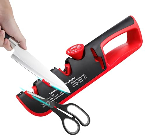 Aiguiseur de Couteaux 4 En 1 Avec Aiguiseur de Couteaux Manuel 6 Niveaux Réglables Bouton D'Angle Aiguiseur De Couteaux Professionnel Multifonction our La Restauration Polissage Couteaux (Rouge-noir)
