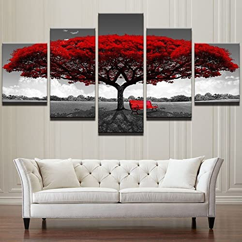 WAGYU Tableau Multi Panneau 5 Parties Decoration Murale Imprimé sur Toile - Decor Salon Chambre - Arbre à Feuilles Rouges sur le Terrain 200x100cm