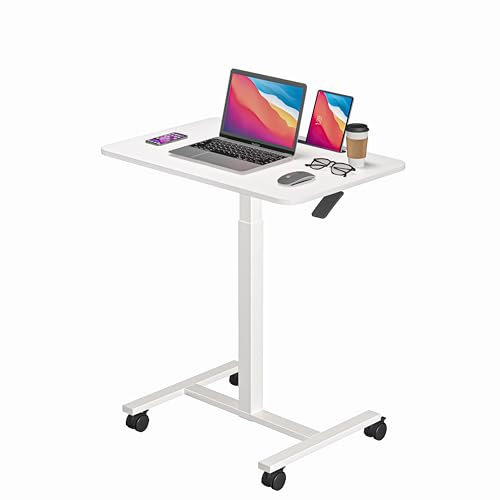 Dripex Mobile Standing Desk, 72 × 48 cm Small Height Adjustable Sit to Stand Laptop Desk, Rolling Compact Computer Desk on Wheels, Pneumatic Computer Workstation for Home Office(White)