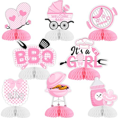 Cheereveal 8 Stück BBQ Baby Shower Honeycomb Mittelstücke Rosa Grill Tischaufsätze BBQ Picknick Karneval Sommer Geschlecht Enthüllung Feiertage Party Dekorationen Supplies