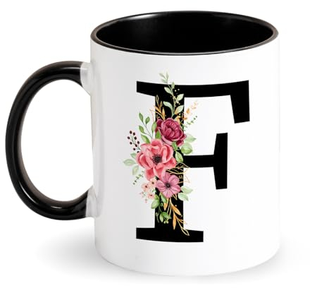 Tazza personalizzata con lettera tazza da caffè con fiori iniziali in ceramica con lettere iniziali nere tazza regalo per donne, fidanzata, mamma, compleanno, San Valentino, festa della mamma (F)