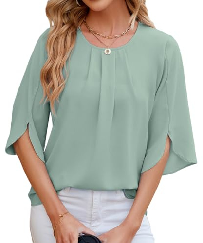 YUTILA Damen Bluse Elegant 3/4 Arm Chiffon Rundhals Tunika Festliche Einfarbig Leichtes Schickes Blusenshirt Oberteil Sommer Frühling Herbst