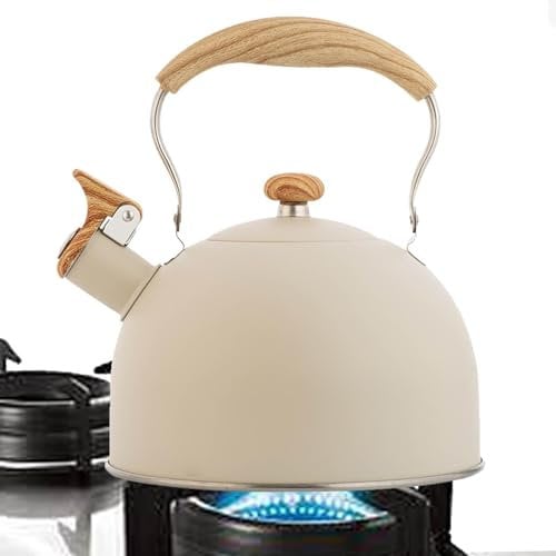 ALWIDA Stove Top Whistling Tea Kettle, 2.5L Cream Color, Wooden Handle, Punctual Whistle, A Click Water Pouring