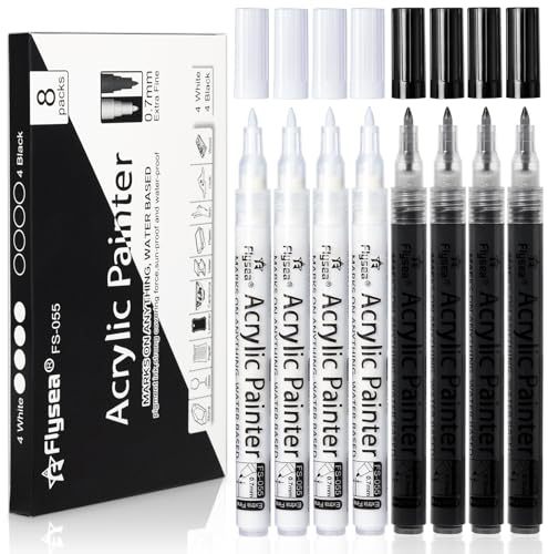 Reaeonat Acrylic Paint Pens White Black, 8 Pack 0.7mm Fine Tip Permanent Marker Pens Waterproof Acrylic Paint Pens for Rock Glass Metal Porcelain Canvas Pebble Wood Stone DIY