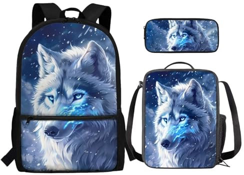 Howilath Mochilas infantiles con lonchera para escuela primaria, mochila escolar, estuche para lápices, lobo
