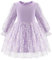 Arshiner Girls' Light Violet A-Line Party Dress, 3-4 Years, Midi Length, Long Sleeves, Crew Neck, Fitted Waist, Lantern Sleeves, Tulle Fabric, Polyester & Spandex, Machine Washable