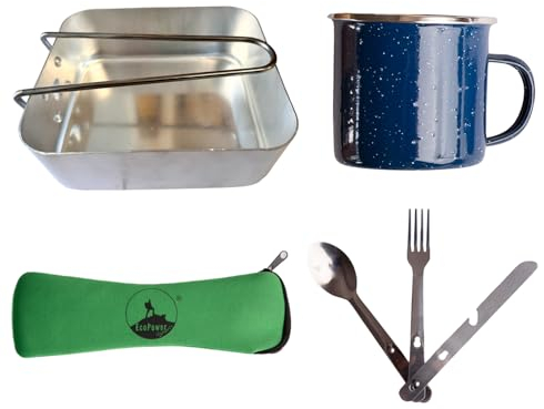 ECOPOWER SPORTS Camping Set - Stainless Steel Tin Mess 800 ml, Enamel Mug 350 ml, Knife with Bottle Opener, Fork, Spoon, and Hygienic Pouch - Perfect for Camping, Festivals, and Travel