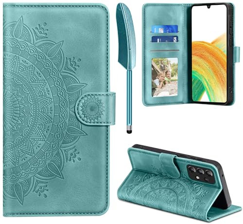 EASDNB Lederhülle für Samsung Galaxy A33 5G Hülle, Handyhülle für Galaxy A33 Flip Wallet PU Leder Case [Kartenfach] [Magnet] [Standfunktion] Prägung Klapphülle Schutzhülle für Samsung A33, Grün