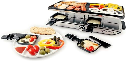 Swissmar Geneva Raclette 8 Personen, Grill mit Pfännchen und Schiebern, antihaftbeschichteter Grillplatte aus Aluminiumguss und 8 Pfännchen, 1400W
