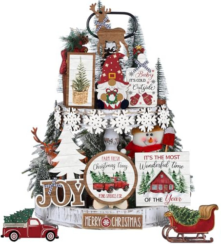 Vercraft Christmas Tiered Tray Decor Winter Tiered Tray Decorations Set Snowman Snowflake Gnome Truck Wooden Signs Farmhouse Christmas Table Decorations for Home Table Shelf(Rustic Style)