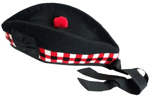 STITCHIFY Glengarry Motorhaubenhut aus Wolle, schottischer Piper, Schwarz mit rotem Toorie und gewürfeltem Band, Rot, Weiß und Schwarz, 59