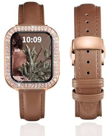 BINLUN Bracelet Compatible avec Apple Watch 40mm 41mm 42mm 44mm 45mm 46mm Femme Bracelets en Cuir avec Boîtier de Diamants Compatible avec iWatch Serie 11/10/9/8/7/6/5/4/SE3/SE2/SE(Marron Or Rose)