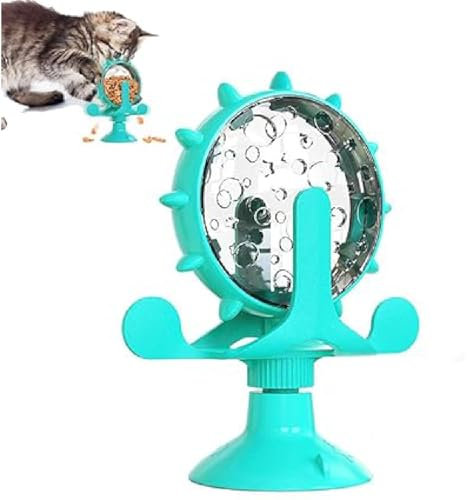 Funny Cat Windmill Turntable Food Leaker, Windmühle Katzenspielzeug, Katze Slow Feeder Spielzeug, 360° Drehbar Vertikal Katzenspielzeug mit Saugnapf, Intelligenzspielzeug für Katzen, Hund (Blue)