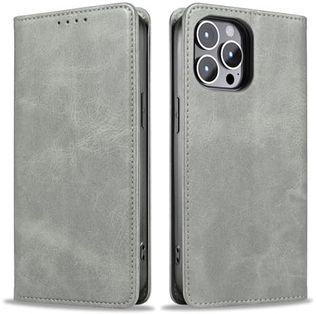 LBH Handyhülle Smartphone-Hülle für Apple iPhone 15 Pro Klapphülle Magnetverschluss Kartenfächer Geldfach Standfunktion Case Etui Rundumschutz Schutzhülle Grau