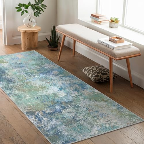 GENIMO Waschbar Läufer Flur Teppich 80x150 cm Kurzflor Blau | Waschbarer Modern Abstrakter Teppich,Rutschfest, Kurzflorig, Weich, für Wohnzimmer, Schlafzimmer, Esszimmer,Büro