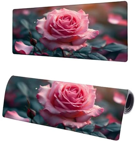 Tapis de Souris XXL Fleur, 800x400x3mm Grand Tapis de Souris Gamer Rose, Étendu Tapis de Souris à Bords Cousus, sous Main Bureau Mouse Pad avec Base en Caoutchouc antidérapante pour Maison D-4