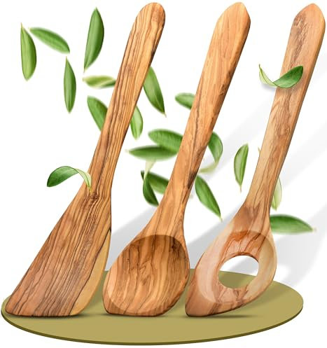 Cuillere en bois de cuisine (Lot de 3) en bois d'olivier/ustensiles de cuisine bois - spatule en bois + Cuillère à risotto + cuillère en bois/durable et fabriquée en Europe
