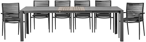 acamp Gartenmöbel Set – Aluminium Stuhl mit Acatex-Gewebe, Tisch Woody mit 10mm Sicherheitsglas und 12mm HPL Laminat, wetterfest, pulverbeschichtet, inkl. Sitzkissen, 180x66x100 cm