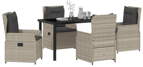 vidaXL Garten Essgruppe 5 pcs Hellgrau Poly-Rattan, Garten und Terrasse, modernes Essset für draußen, verstellbare Rückenlehnen, wetterfestes Möbel, ergonomisches Sitzen