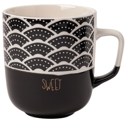 FABFINDS Monochrome Black & White Ceramic Mug 370ml Assorted Minimalist Designs, Stylish Stoneware Coffee Cup for Tea & Hot Drinks, Durable Glazed Finish, Gift-Ready Mug (Sweet)