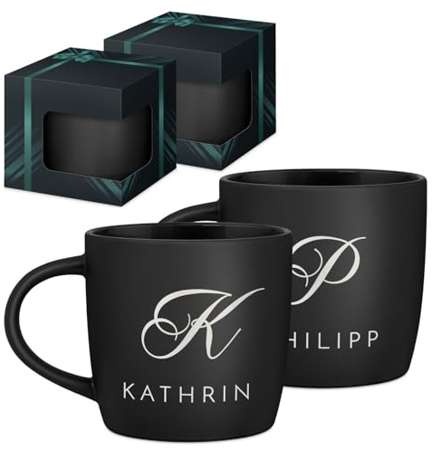 Maverton 2er Keramik Tassen Set mit Gravur, 400 ml, matt schwarz | Innen schwarz, Tasse personalisiert, Kaffeebecher Teetasse, Hochzeitsgeschenke für Brautpaar, personalisierte Geschenke