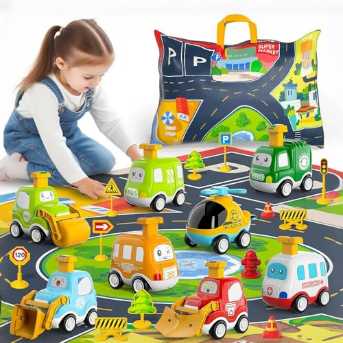 BLmukce Spielzeugautos Set 10 teilig Autospielzeug Kleinkinder ab 3 Jahr Zurückziehautos Kinder Fahrzeug Spielset Jungen Mädchen Aufbewahrungstasche Spielmatte Autos