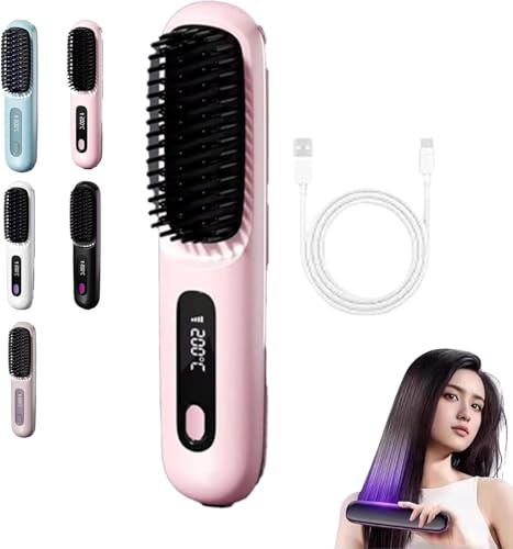 kikxj Cordless Volumizing Hair Brush for Short Hair, Heated Styler with 3 Settings, 20s Quick Heat, LED Screen, USB-C, Travel Friendly(Pink)