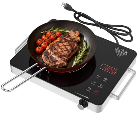 WABK Portable Electric Cooktop, 1800W Infrared Hot Plate Countertop Burner with Handle, 110V Single Burner Electric Stove with Knob & Touch Control, 4-Hours Timer & 10 Power Levels for Home Camping