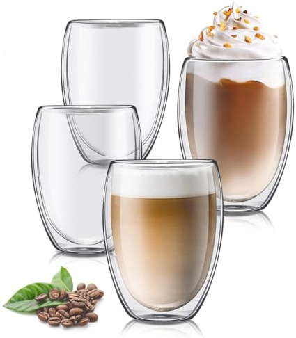Doppelwandige Kaffeegläser, Cappuccino Tassen 4er Set 350ml, Transparente Latte Macchiato Gläser, Cappuccino Gläser Geeignet für Tee, Kaffee, Milch, Saft und Andere Getränke