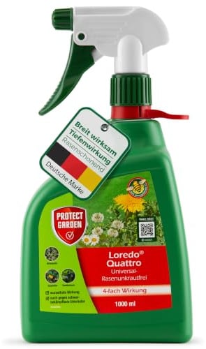 PROTECT GARDEN Universal-Rasenunkrautfrei Loredo Quattro Rasen-Unkrautvernichter gegen hartnäckige Unkräuter mit 4-fach Wirkung, 1 Liter Sprüher