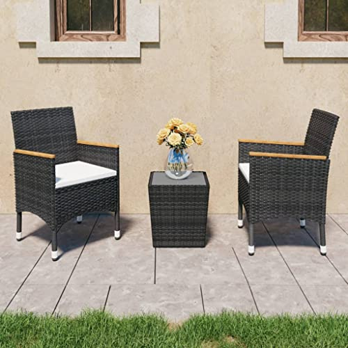 Holamys 3-TLG. Bistro-Set Poly Rattan Hartglas Schwarz, wetterfestes Terrassenmöbel-Set für Balkon, Terrasse, Garten, Gartenmöbel mit Terrassenstühlen, inkl. Sitzpolster, Gartentisch und Stühle