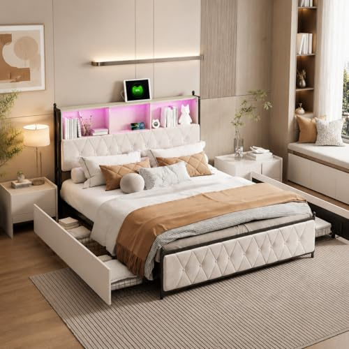 Zorvani Doppelbett Polsterbett 160x200 cm mit LED & Stauraum Kopfteil, Stauraumbett mit 4 Stauraum Schubladen, Jugendbett mit USB/TypC-Ladefunktion, Bett mit Lattenrost, Beige, Samt, Ohne Matratze