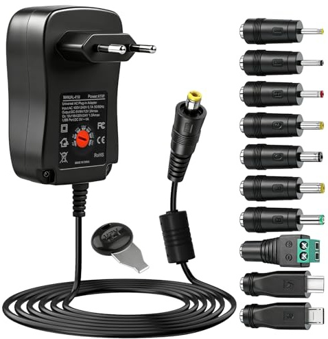 41W Chargeur Universel AC/DC 220-230v Transformateur d'Alimentation Adaptateur Réglable 6V, 9V, 12V, 15V, 18V, 20V, 24V Adaptateur Secteur avec 10 Embout pour PC Ordinateur, Routeur, Imprimante