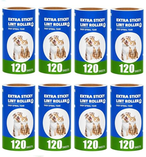 Omtofo 960 Blatt Fusselrolle Tierhaare, 8 Rollen Extra Stark Fusselroller Kleidung, Lint Roller für Kleidung, Haare, Sofa, Bett, Katzenhaare, Hundehaare, 120 Blatt/Rollen