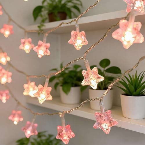 Cretvestsar 6 M 40 LED Star String Lights, Battery Operated Pink Fairy Lights with 2 Modes, Twinkling and Steady On, Warm White Copper Wire Decorative Lights for Bedroom, Wedding, Party, Garden