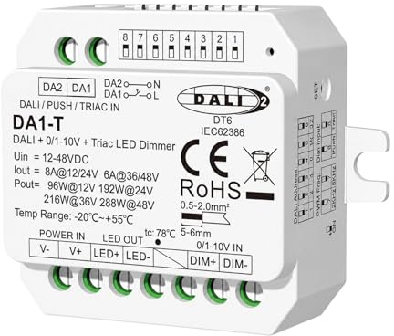 LED-Dimmer-Controller, DALI-2 Triac AC Push DIM 0/1-10V NO-Taste, 12 24V 36V 48V 8A, PWM 2KHz 8KHz, DALI Adresse einstellbar, für einfarbige LED-Streifen, konstante Spannung, kompakt 45 x 45 x 22 mm