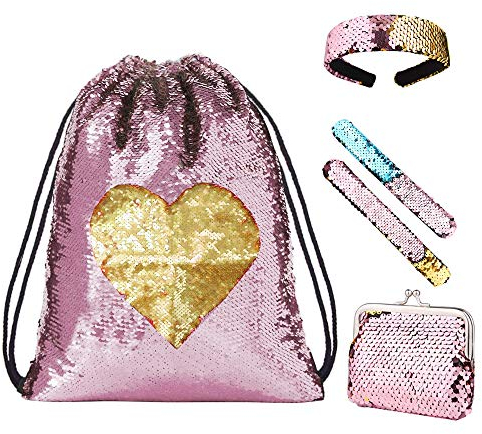 Wodasi Turnbeutel Rucksack mit Pailletten, Meerjungfrau Tasche Einseitig, Kordelzug Rucksack Rosa, Pailettenbeutel, Sportbeutel mit Slap Armbänder und Stirnband für Mädchen, Kinder