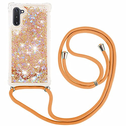 FMPCUON Coque Samsung Galaxy Note 10 Glitter Liquide Collier pour Téléphone Portable avec Cordon - Lanyard Paillettes Flowing Sand Silicone Gel TPU Housse avec Smartphone Collier Étui, Or