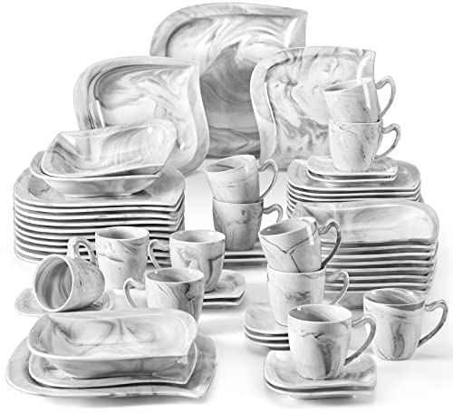 MALACASA serie Elvira Grey Vajillas Completas Modernas de 60 pcs Vajillas de Porcelana Marmol con Platos Llanos, Platos Hondos y Platos de Postre Tazas de Café y Platillos para 12 Personas