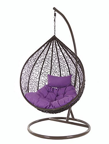 KIDEO® Komplettset: XXL Hängesessel mit Gestell & Kissen, Indoor & Outdoor, Poly-Rattan, braun, groß (Kissen: Chesterstepp lila [4050 Violet])