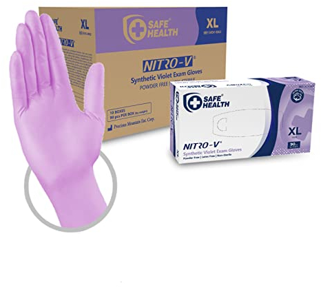Safe Health Gants d'examen jetables Nitro-V en nitrile vinyle synthétiques Taille XL Violet, Lot de 900 gants, Sans latex Sans poudre, Clinique Soins médicaux Aliments Salon de manucure